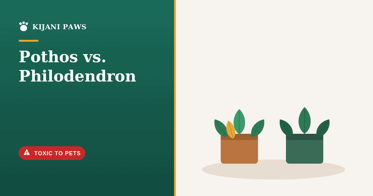 A pothos and a philodendron in pots with a red warning label for pet owners